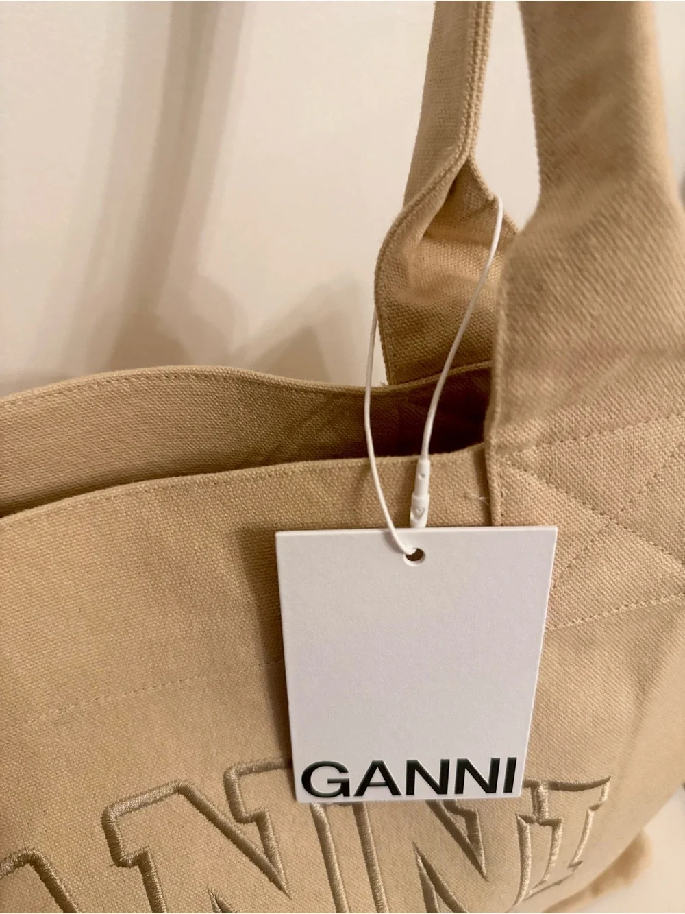 NWT Ganni tote tan beige cotton canvas tote gold embroidered logo w/ silk insert